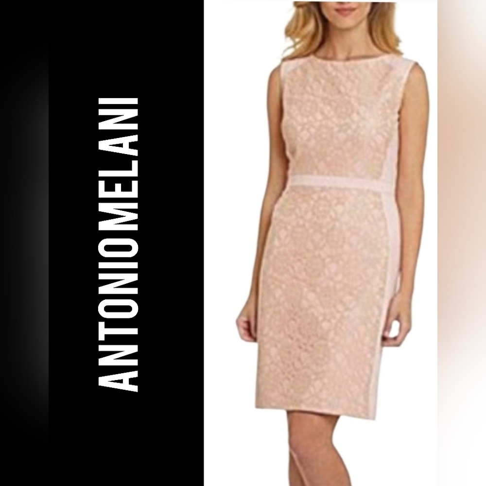 NWT! ANTONIO MELANI PALE PINK/NUDE LACE OVERLAY SHEATH DRESS SIZE: 2 MSRP $179